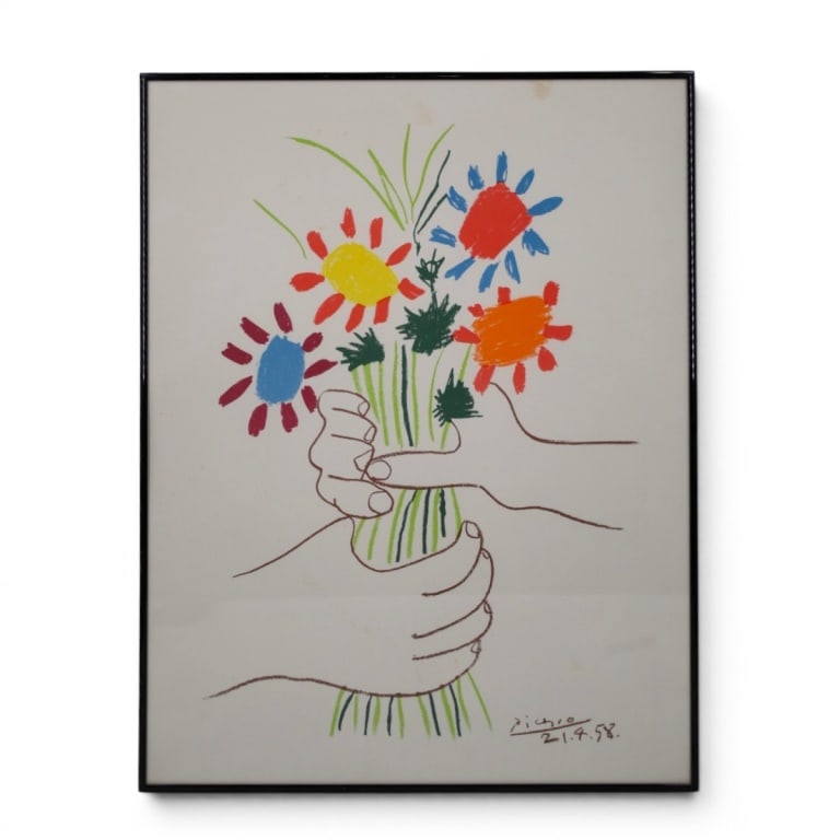 Picasso LE Framed Lithograph Bouquet of Peace: Vintage Picasso Limited Edition Framed Lithograph "Bouquet of Peace" Signed in print, embossed blind stamp "Editions Combat Pour La Paix" . Measures 25-1/2" x 19-3/4" including frame. Condition: