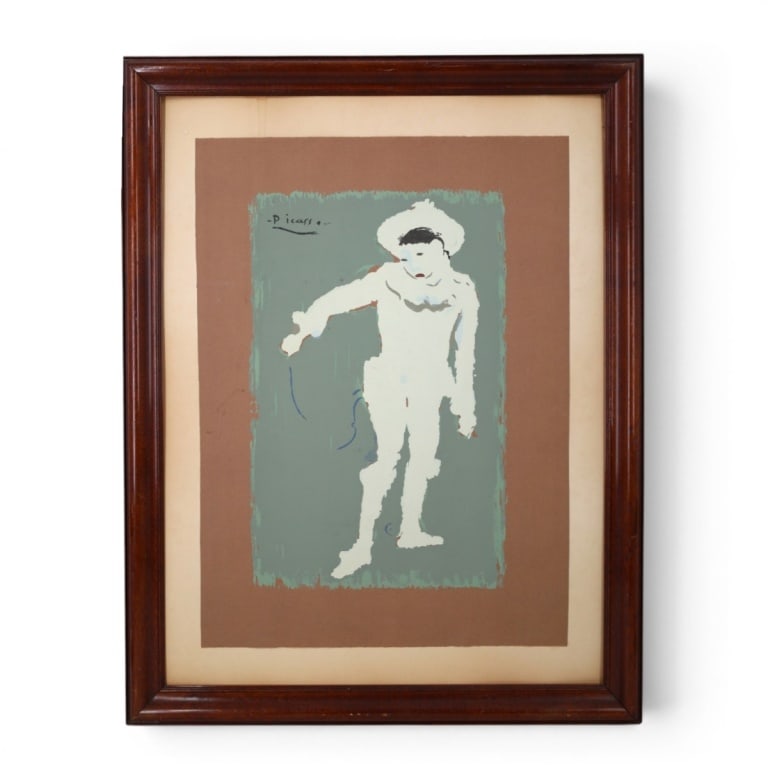After: Pablo Picasso (1881 - 1973): After: Pablo Picasso (1881 - 1973) "White Clown" Lithograph on Paper, Signed in the Plate. Sight measures 25-3/4" x 18-1/2". Frame measures 33-3/4" x 26". Condition: Has a small tear top left corner.