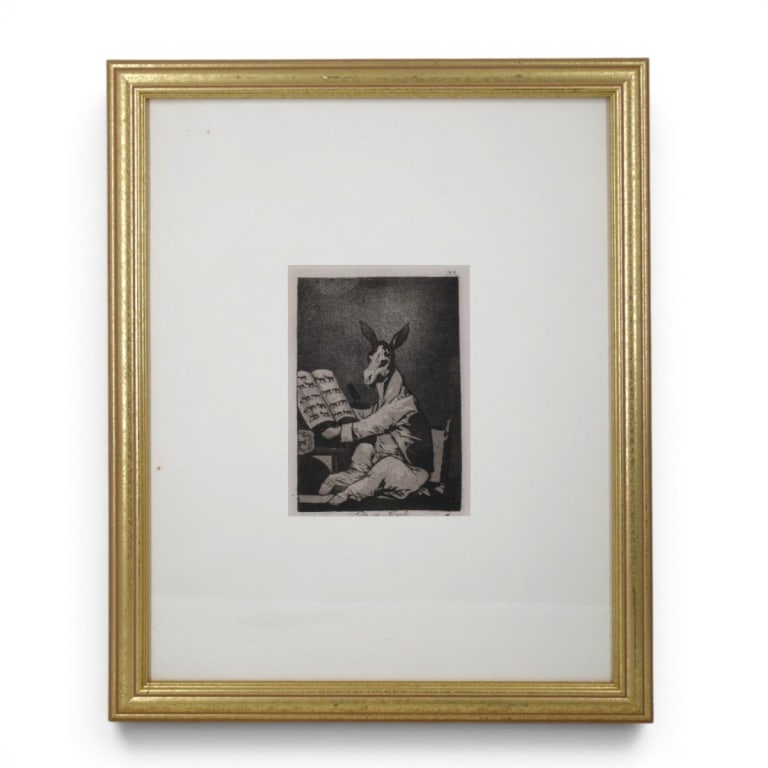 Francisco de Goya, Spanish (1746 - 1828): Francisco de Goya, Spanish (1746 - 1828) Etching on Paper "Los Caprichos" (Plate 39). Sight measures 8-1/2" x 6". Frame measures 22-1/8" x 18-1/8". Condition: Good condition. Estimate 200 - 400