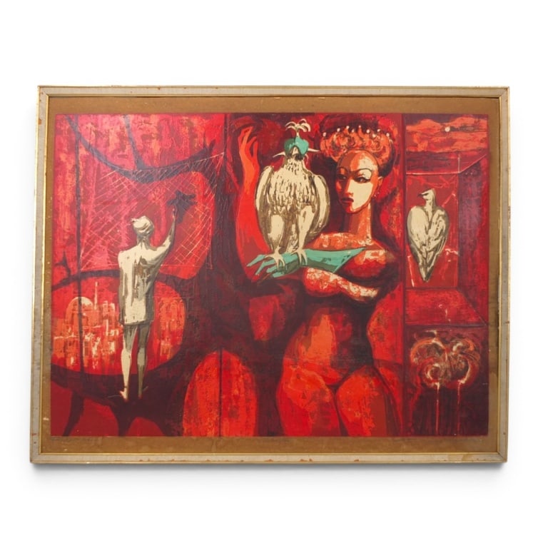Mid Century Oil on Board "The Falconess" Signed: Mid Century Oil on Board "The Falconess" Titled and signed. Measures Condition: Toning, foxing. Estimate 80 - 160 Domestic shipping Third Party
