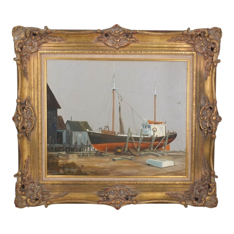 Herman Latham Kent, American (1930 - 2010): Herman Latham Kent, American (1930 - 2010) oil on canvas "Sailboat Scene" signed lower right. Measures 19-1/4" x 23-1/2". Frame measures 29-1/2" x 33-3/4". Condition: Good condition. Estimate 400 -