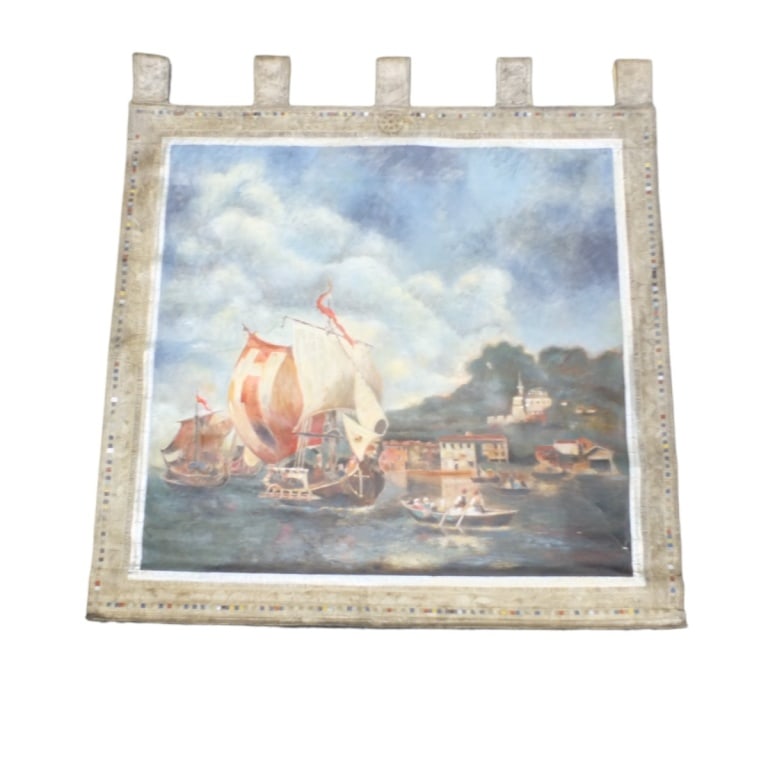LARGE Hanging Oil on Canvas "Galleons" Signed: Impressive Contemporary Decorative Hanging Oil on Canvas "Spanish Port". Signed Douglas lower right. The painting has 5 loops to hang on a large decorative wood rod. Measures 49-1/2" x 49-1/2"
