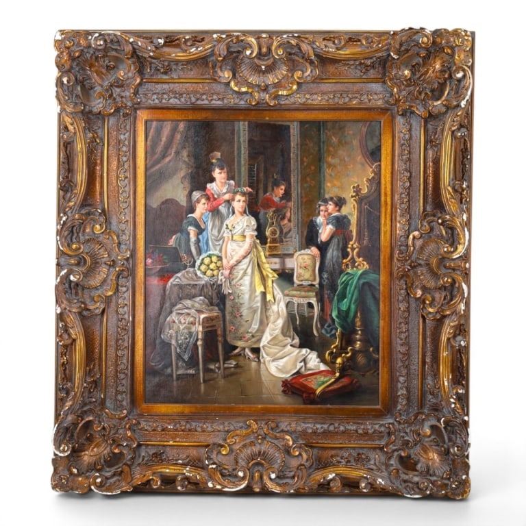 After Carl Herpfer Oil/Canvas "Dressing the Bride": After Carl Herpfer (German, 1836-1897) Vintage Oil on Canvas "Dressing the Bride". In impressive gilt wood frame. Signed G. Larkin lower left. Measures 24" x 20", frame 38" x 34-1/4". Condition: Good