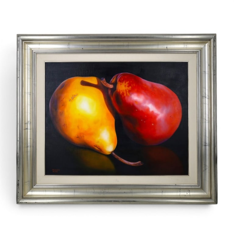 Margarita Deleuze Oil on Canvas "The Two Pears": Margarita Deleuze Oil on Canvas "The Two Pears". Signed lower left, inscribed and stamped by artist verso. Measures 24" x 30", frame 34-1/2" x 40-1/2". Condition: Very good condition. Estimate 100 -