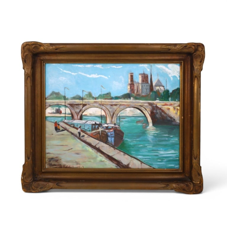 1969 Paris School Oil/Board "Paris Riverscape": Mid Century Paris School Oil on canvas board "Paris Riverscape"Signed I. Berger 1969 lower left. Measures 16" x 20", frame 21-1/2" x 25-1/4". Condition: Good condition. Estimate 100 - 200 Domestic