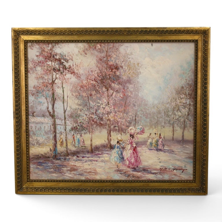 Marie Charlot (20th Century): Marie Charlot (20th Century) Oil on Canvas "Group of Women Walking on Farmland" Signed Lower Right. Measures 20" x 24". Frame measures 23-3/4" x 27-1/2". Condition: Some craquelure to the canvas.