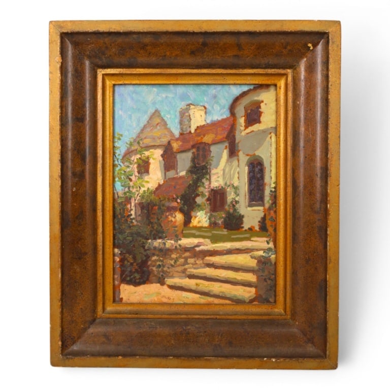 Antique European School 2 Sided Oil on Board: Antique European School 2 Sided Oil on Board. Depicts a "Rural Village Home" on one side and "Portrait of a Woman" verso. Unsigned. Measures 15-3/4" x 12", frame measures 23" x 19". Condition: Good