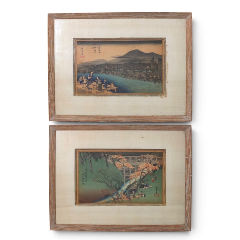 2 Utagawa Hiroshige Woodblock Prints "Kyoto": Utagawa Hiroshige (Japanese, 1797-1858) "Cooling of in the Evening at Shijogawara". "Red Maples at Tsuten Bridge". Signed, stamped. Framed under glass. Condition: Not examined out of frame. Toning, go