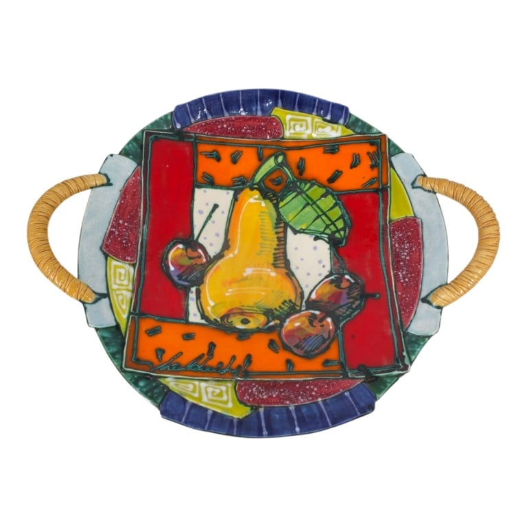 Jouzas & Rasa Saldaitis Large Ceramic Bowl: Jouzas & Rasa Saldaitis (Lithuanian, 20th C) LARGE Contemporary Majolica Vibrant Cubist Ceramic Centerpiece Fruit Bowl. With a fruit motif in bold colors. Signed. Measures 5" H x 21" W at handles.