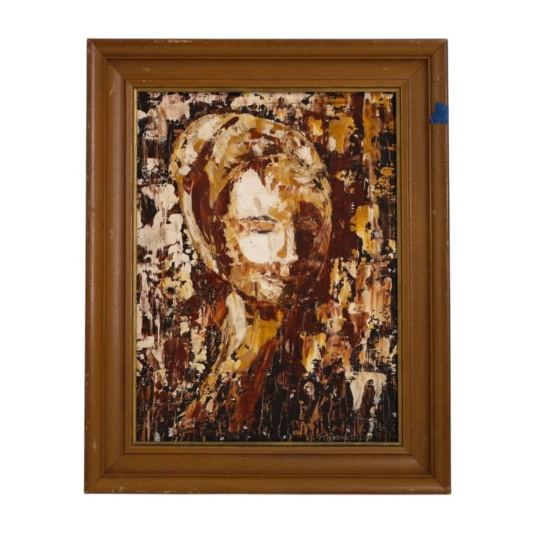 Ruth Romoser, American 1916 - 1995): Ruth Romoser, American 1916 - 1995) Oil on Masonite "Portrait of a Woman" Signed Lower Right. Measures 17" x 13". Frame measures 19-3/4" x 15-3/4". Condition: Good condition. Estimate 100 - 300 Domest