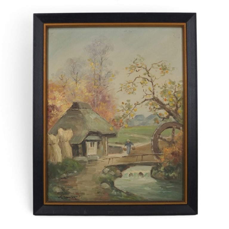 Mid Century Oil/Canvas "Old Mill" Signed Kamiya: Kamiya (Japanese 20th C) Mid Century Oil on Canvas "Old Mill". Signed lower left. Stamped Funaoka Canvas. Measures 16" x 12-1/2", frame 17-3/4" x 14-1/2". Condition: Good condition. Estimate 50 - 100