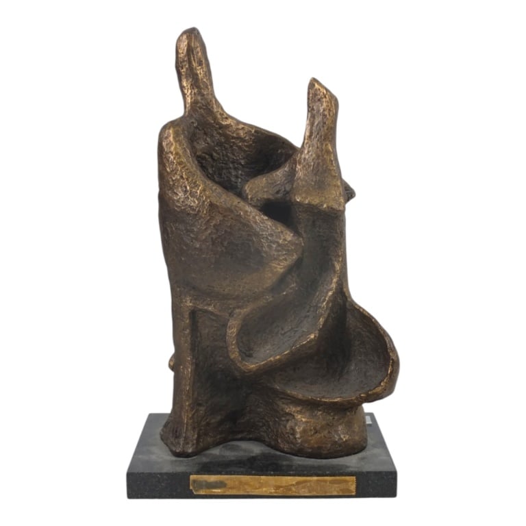 Circa 1970s Brutalist Style Sculpture, Signed: Circa 1970s Brutalist Style Abstract Composite Sculpture Presented on a Wooden Base. Signed. Measures 12-3/4" x 7" x 4-5/8". Condition: Good condition. Estimate 100 - 400 Domestic shipping Third party