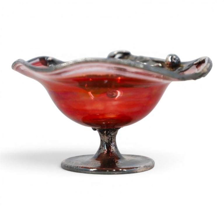 Antique Silver Overlay Amberina Glass Footed Dish: Antique Silver Overlay Amberina Glass Footed Dish. Stamped with makers mark KG/925. Measures 2-1/4" x 4-3/4". Condition: Good condition with no chips or cracks. Estimate 60 - 120 Domestic shipping