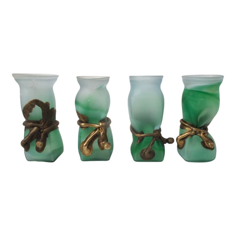 4 Silviu Dancea? Bronze Mounted Art Glass Vases: 4 Silviu Dancea? (Romanian b. 1950) Art Nouveau Style Bronze Mounted Art Glass Vases. No visible signature. Measures 8-3/4" - 9". Condition: Good condition. Estimate 100 - 350 Domestic shipping Third 