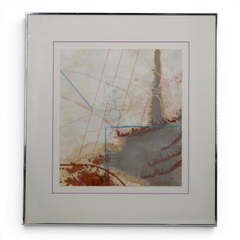 1983 Signed Mixed Media on Paper "Abstract": 1983 Signed Mixed Media on Paper "Abstract". Signed illegibly and dated '83 lower right. Framed under glass. Measures 19" x 17" (sight), frame 30" x 27-1/4". Condition: Good condition. Estimate 60 - 1