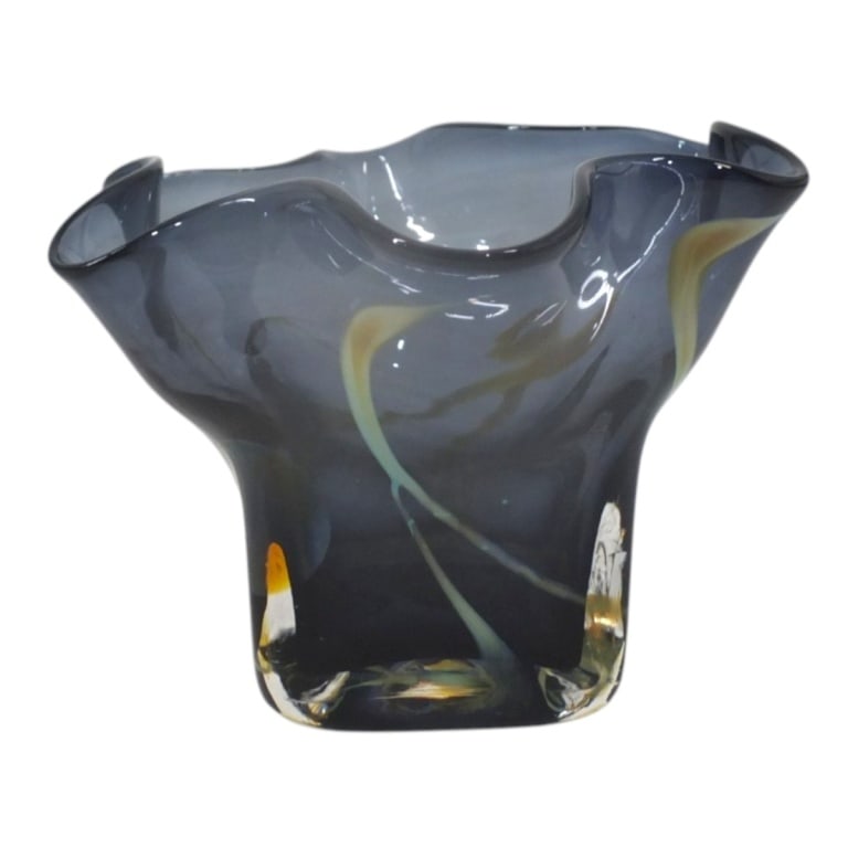 Vintage Blown Art Glass "Swung" Vase: Vintage Blown Art Glass Swung or Handkerchief Vase. Signed and dated '99. Measures 4-3/4" x 6-1/2". Condition: Good condition. Estimate 60 - 120 Domestic shipping Third Party