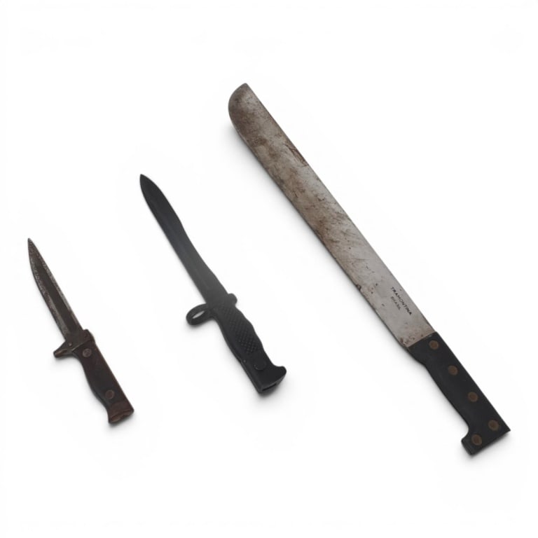 Vintage Knife Lot: Includes: Cold War Era Czech VZ 58 Bayonet Knife. In leather Sheath. Measures 10". Spanish M1964 CETME Bayonet with Bolo Style Blade in heavy duty sheath. Measures 13-1/4". Vintage Tramotina Brazil Ma
