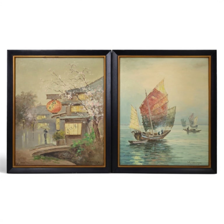 2 Mid Century Oil/Canvas "Japan" Signed Kamiya: 2 Mid Century Oil/Canvas "Scenes in Japan" Signed Kamiya lower right. Measures 18" x 15", frames 20" x 16-3/4". Condition: Good condition. Estimate 80 - 160 Domestic shipping Third Party