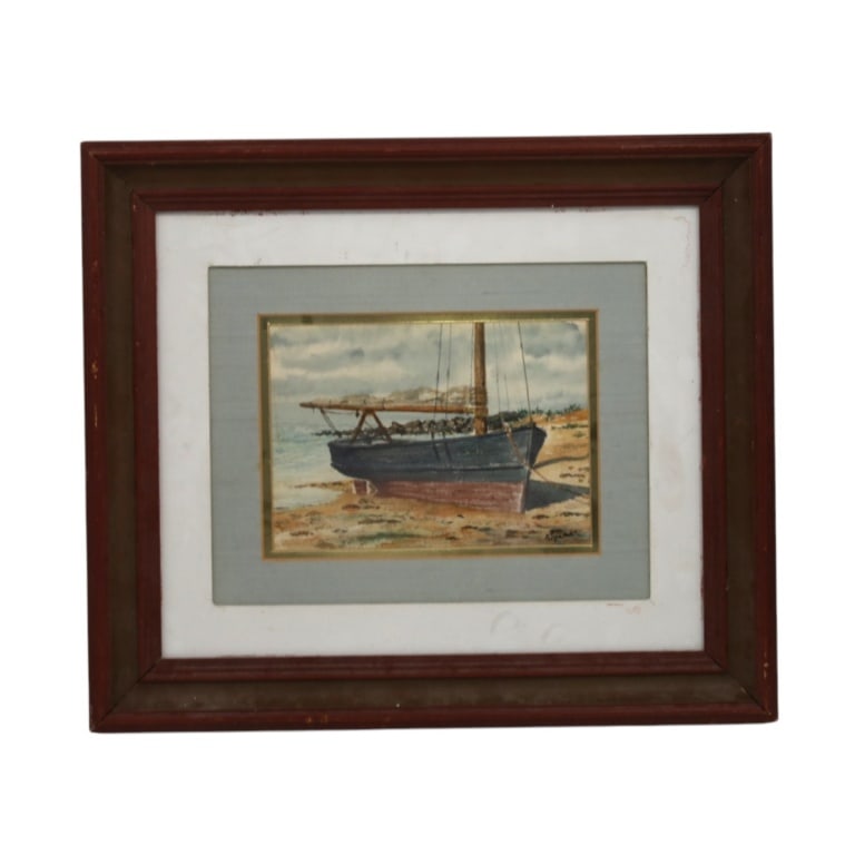 Anthony Thieme, American (1888 - 1954): Anthony Thieme, American (1888 - 1954) Watercolor on Paper "Boat Docked Sea Side" Signed Lower Right. Sight measures 7-1/4" x 10-1/4". Frame measures 19" x 22". Condition: Good condition. Estimate
