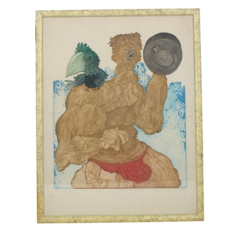 Brian M Hall Vintage Surrealist Lithograph: Brian M Hall (20th C) Vintage Surrealist Lithograph "Wrist Carl and Muscle Bird". Pencil signed, dated '77, titled and numbered 8/75. Framed and under glass. Measures 27" x 20-1/2" (sight), frame