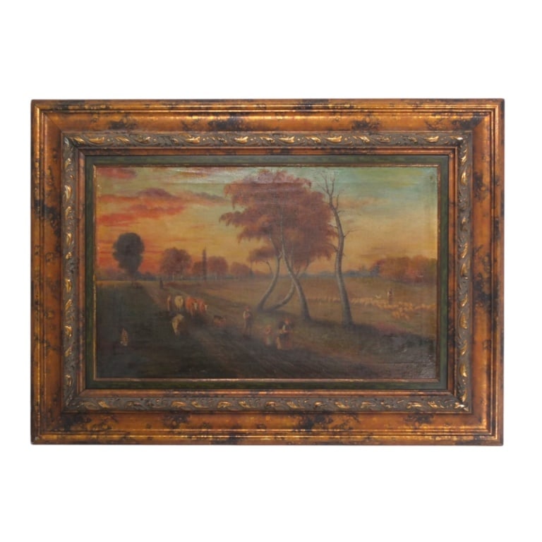 Large 19C Oil on Canvas "Landscape with Farmers": Large 19C Oil on Canvas "Landscape with Farmers". Signed Illegibly lower right. Measures 19" x 30-3/4", frame 31" x 42-1/2". Condition: Numerous patches and repairs, scuffs. Estimate 150 - 350