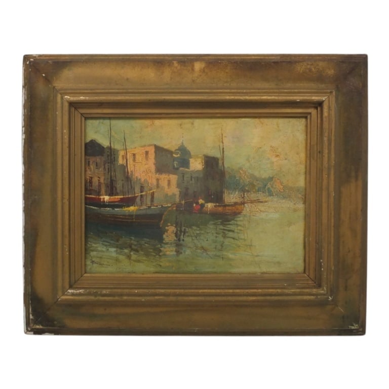 Vintage Continental School O/C "Harbor Scene" (1 of 4)