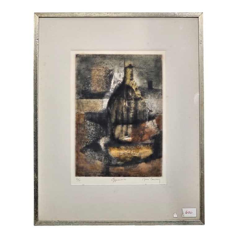 Rene Carcan Aquatint Etching "Apparence" Signed: Rene Carcan (Brussels, 1925-1993) Aquatint Etching "Apparence" Pencil signed, titled, numbered 66/75. Framed and under glass. Measures 15-1/2" x 11" (sight), frame 24-3/4" x 19-3/4". Condition: Good c