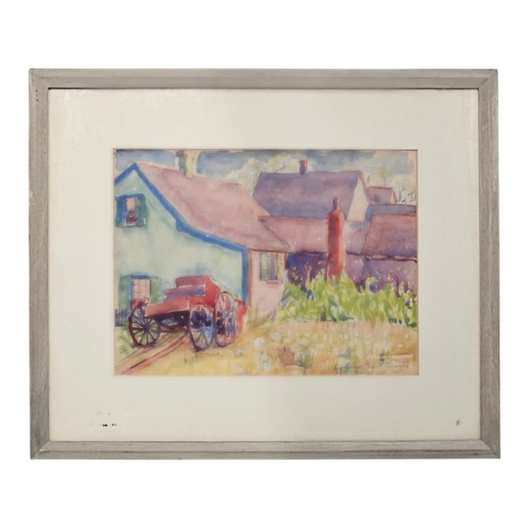 Dorothy Burt Grant Watercolor "Farmhouse": Dorothy Burt Grant (20th C) Watercolor on paper "Farmhouse". Signed lower right. Framed and under glass. Measures 8-1/2" x 11-1/2", frame 15" x 18". Condition: Good condition. Estimate 80 - 120 Domest