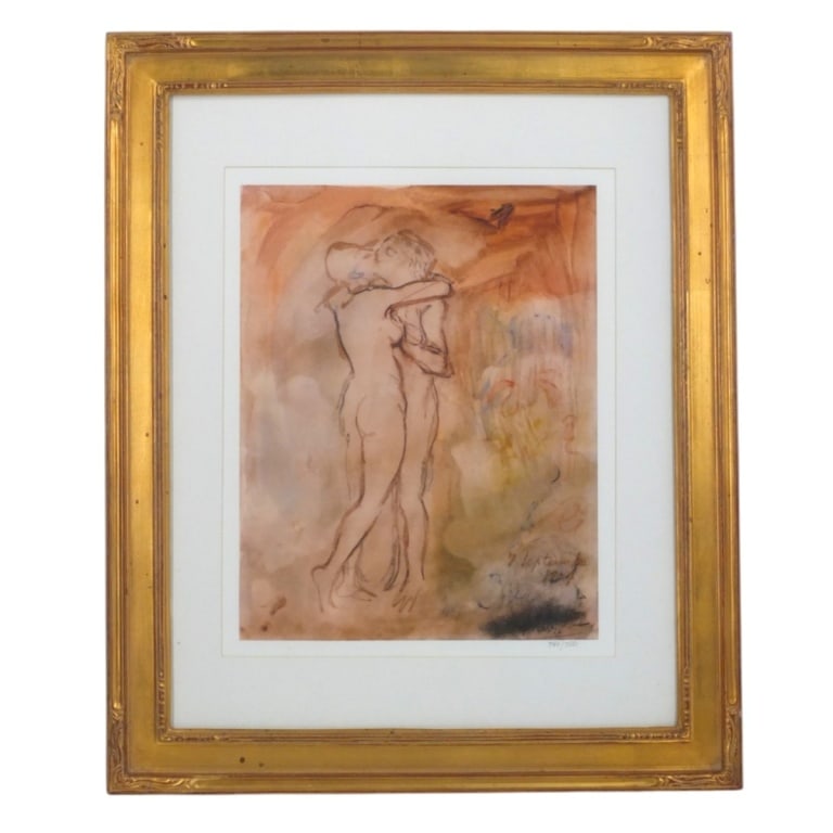 Pablo Picasso Giclee "The Kiss": Pablo Picasso (Spanish, 1881-1973) Giclee "The Kiss". COA affixed to verso, pencil numbered 744/750, blind stamp lower right. Framed and under glass. Measures 15" x 12" (sight), frame 23-1/2" x 19-1/2