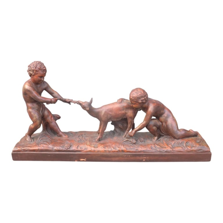 Ugo Cipriani, Italian (1887 - 1960): Ugo Cipriani, Italian (1887 - 1960) Large Terracotta Sculpture of a Neoclassical Scene of Cherubs and Sheep. Signed. Measures 14-1/4" x 28" x 6". Condition: A few small nicks to the corners of the