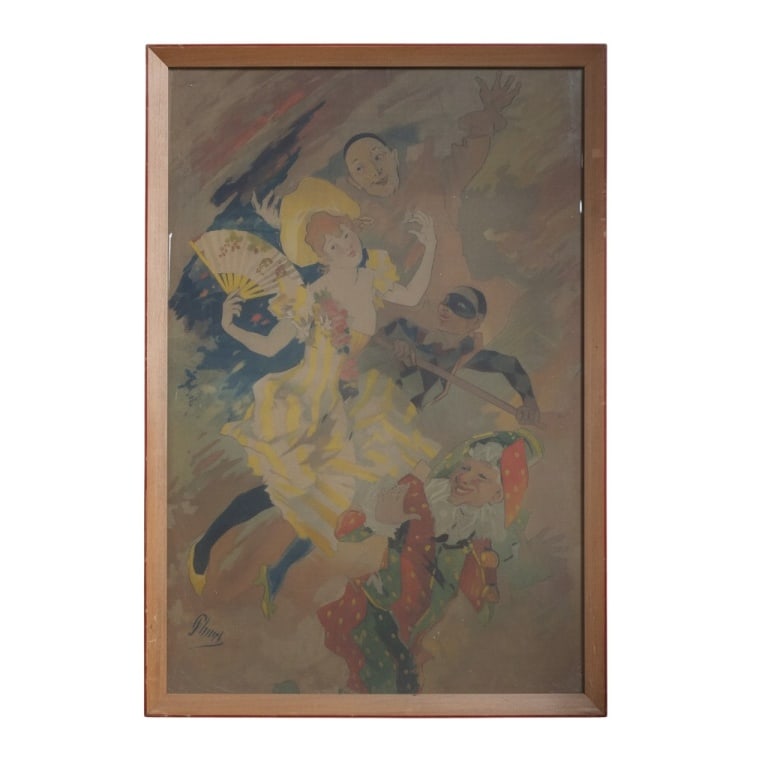 Antique Jules Cheret Lithograph "La Pantomime": Antique Jules Cheret (French, 1836-1932) Color Lithograph "La Pantomime". Signed in print. Framed under glass. Measures 45-1/2" x 30", frame 48" x 32-1/2". Condition: Toning, old scratches, corner cre