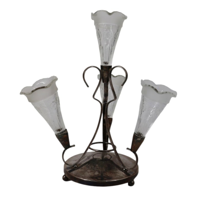 Edwardian Silver Plate Epergne with Glass Trumpets: Edwardian Period Silver Plate Epergne with Frosted Glass Trumpets. 4 branches, ball feet. Unsigned. Measures 11" x 8-1/2". Condition: Good condition. Estimate 100 - 200 Domestic shipping Third Party