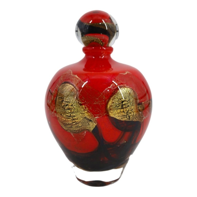 Jean-Claude Novaro Art Glass Flacon: Jean-Claude Novaro Art Glass Flacon. In hues of red and black with gold flake. Signed and dated 2004. Measures 10" x 6". Condition: Loss to tip of stopper or in good condition. Estimate 200 - 400