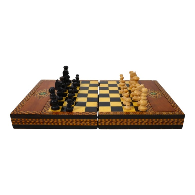 Vintage Wood Marquetry Miniature Chess Set (1 of 5)