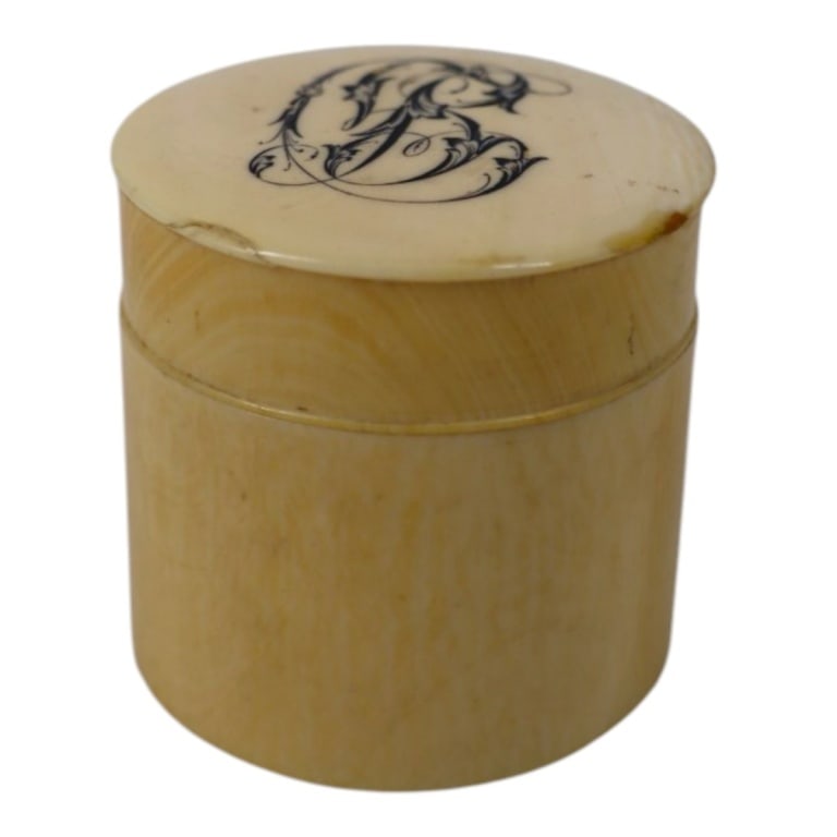 Antique French Carved Powder Box: Antique French Carved Powder Box. Monogrammed on lid, powder puff included. Unsigned. Measures 2-1/2" x 2-1/2". Please note; this lot contains material which may be subject to state or import/export r