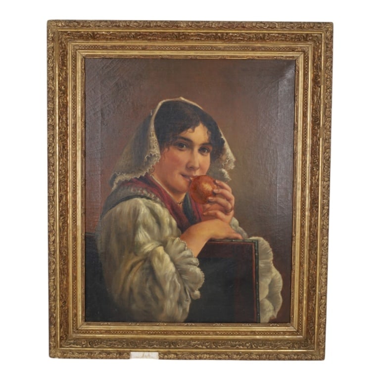 19C Continental Oil on Canvas "Girl with Fruit": 19C Continental School Oil on Canvas "Girl with Fruit". Signed. Walter Sanford, Antwerp, 84, cgc '96 Upper right. Measures 25" x 20", frame 30-1/2" x 25". Condition: Craquelure or in good condition. E
