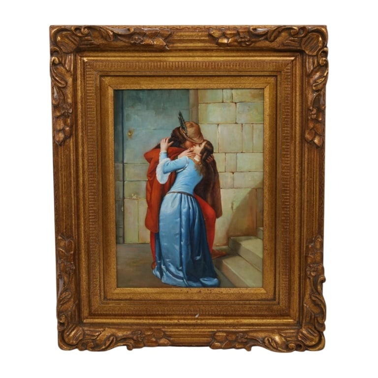 After Francesco Hayez Oil on Board "The Kiss": After Francesco Hayez (Italian, 1791-1882) Vintage Oil on Board "The Kiss". Unsigned. Measures 16" x 12", frame 25" x 21" Condition: Good condition, losses to frame. Estimate 100 - 200 Domestic