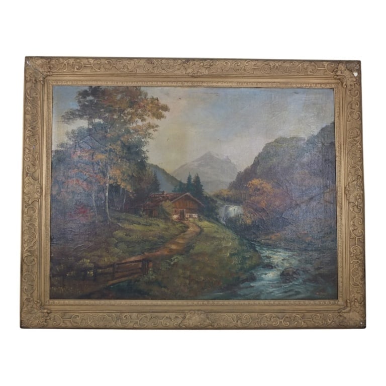 19/20 C German Style Oil/Board Mountain Landscape: 19/20th C German Style Oil on canvas, laid down on board "Mountain Landscape". Signed. H. Boyd lower right. Similar in style to Hermann Herzog. Measures 30" x 40", frame 37-1/2" x 47-1/4". Condition: 