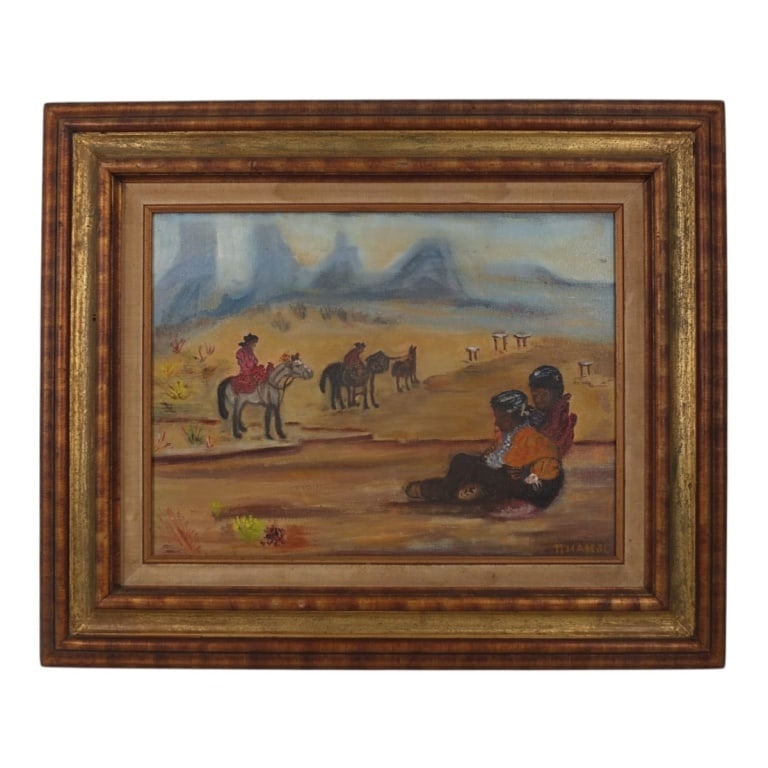 Vintage Native American Oil/Canvas "Navajo Burial": Vintage Native American Oil on Canvas "Taking Their Dead to Burial Pyres". Signed Tehal '81, inscribed by the artist verso. Measures 12" x 16", frame 19" x 23". Condition: Good condition. Estimate 100