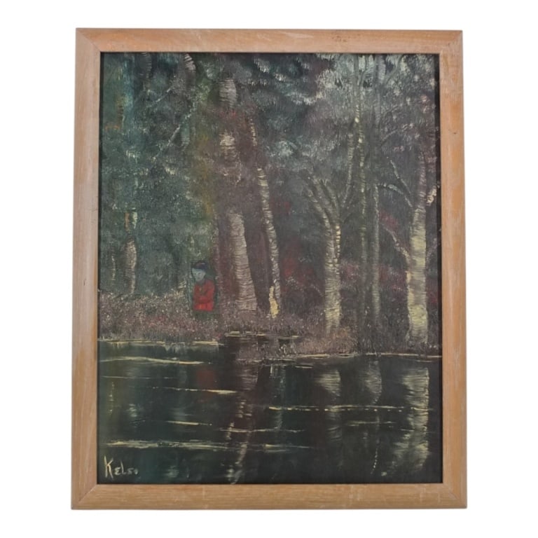 Vintage Oil on Canvas Board "Figure in the Woods": Vintage Oil on Canvas Board "Figure in the Woods". Signed Kelso lower left. Measures 20" x 16", frame 22" x 18". Condition: Good condition. Estimate 50 - 100 Domestic shipping Third Party