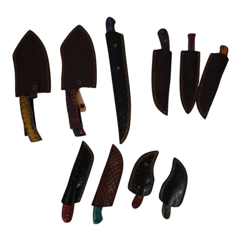 (10) Damascus Steel Fixed Blade Knives: (10) Damascus Steel Fixed Blade Knives. Colorful wood or resin handles and leather sheaths. Measures 6" - 14". Condition: Good condition. Estimate 50 - 100 Domestic shipping Third Party