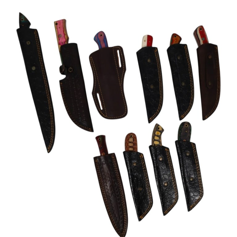 (10) Damascus Steel Fixed Blade Knives: (10) Damascus Steel Fixed Blade Knives. Colorful wood or resin handles and leather sheaths. Measures 6" - 14". Condition: Good condition. Estimate 50 - 100 Domestic shipping Third Party