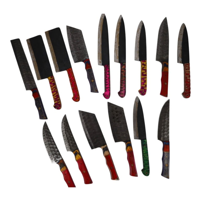 (15) Damascus Steel Fixed Blade Knives: (15) Damascus Steel Fixed Blade Knives. Colorful wood or resin handles. No sheaths. Measures 11" - 14". Condition: Good condition. Estimate 50 - 100 Domestic shipping Third Party