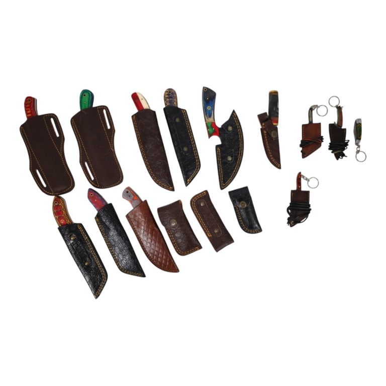 (16) Damascus Steel Fixed Blade & Pocket Knives: (16) Damascus Steel Fixed Blade & Pocket Knives. Colorful wood or resin handles and leather sheaths. Measures 4" - 8". Condition: Good condition. Estimate 50 - 100 Domestic shipping Third Party