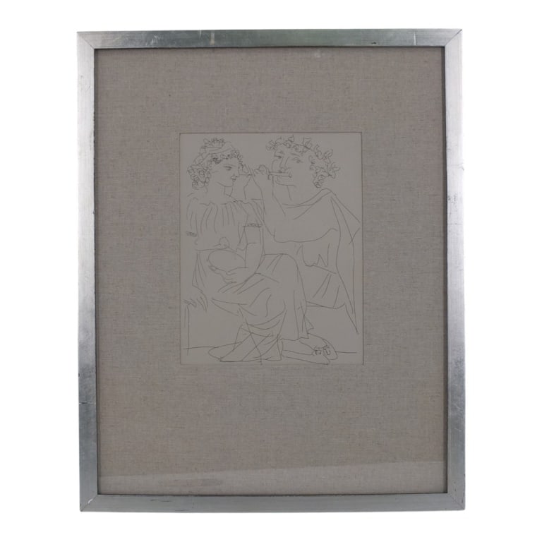After Picasso, Offset Lithograph, Flutist & Girl: After Pablo Picasso (Spain/France 1881-19730 Vintage Offset Lithograph "Flutist and Girl with Tambourine". Unsigned. Framed under glass. Measures 9-1/2" x 7-1/2" (sight), frame 20" x 16". Condition: T