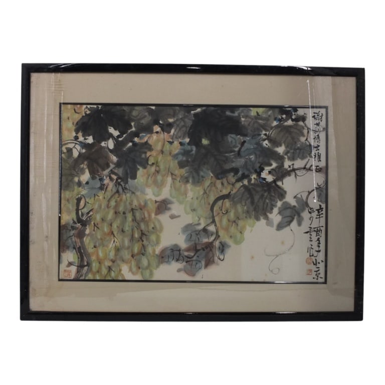 Vintage Chinese Watercolor/Paper "Grapevine": Vintage Chinese Watercolor/Paper "Grapevine". Stamped. Framed under glass. Measures 17" x 26" (sight), frame 25-1/4" x 31". Condition: Foxing, toning consistent with age and storage. Estimate 100 - 30