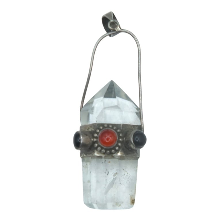 Vintage Peruvian Silver Rock Crystal Pendant: Vintage Peruvian Silver Rock Crystal Pendant. Set with small gemstone cabochons. Measures 2". Condition: Slightly bent or in good condition. Estimate 50 - 100 Domestic shipping Third Party