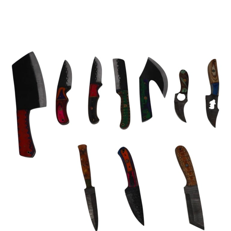 (10) Damascus Steel Fixed Blade Knives: (10) Damascus Steel Fixed Blade Knives. Colorful wood or resin handles and leather sheaths. Measures 4" - 12-1/4". Condition: Good condition. Estimate 50 - 100 Domestic shipping Third Party