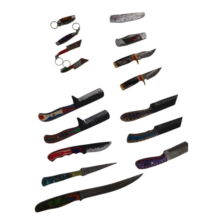 (16) Damascus Steel Fixed Blade & Pocket Knives: (16) Damascus Steel Fixed Blade & Pocket Knives. Colorful wood or resin handles and leather sheaths. Measures 4" - 12". Condition: Good condition. Estimate 50 - 100 Domestic shipping Third Party