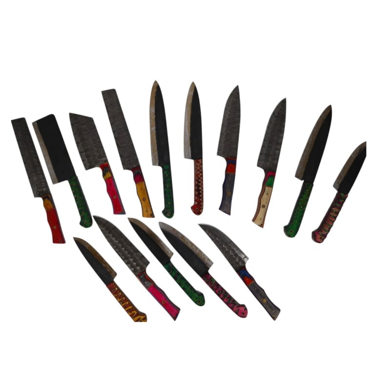 (15) Damascus Steel Fixed Blade Knives: (15) Damascus Steel Fixed Blade Knives. Colorful wood or resin handles. No sheaths. Measures 11" - 14". Condition: Good condition. Estimate 50 - 100 Domestic shipping Third Party